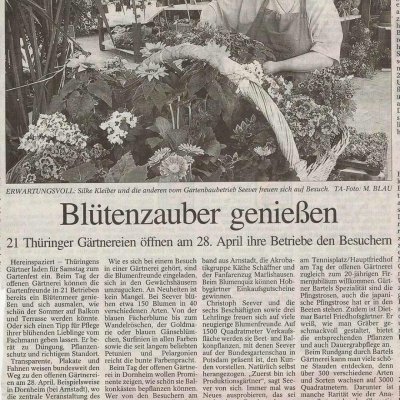 Thüringer Allgemeine 28.04.2001 - Blütenzauber genießen – Zeitungsartikel zum Tag der offenen Gärtnerein – Gartenbaubetrieb Seever